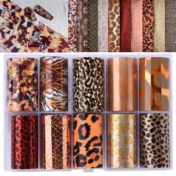 10 рулонов фольги для ногтей с леопардовым принтом Переводная бумага Янтарные наклейки для нейл-арта Маникюрный набор из змеиной кожи Наклейка для украшения ногтей животными