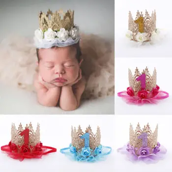 2018 Бренд для новорожденных мальчиков и девочек, вечеринка по случаю 1-го дня рождения, кружевная повязка на голову с цветами в виде короны принцессы