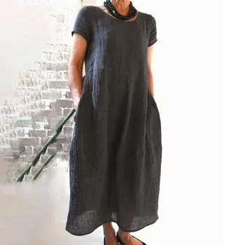 2023 Женское летнее платье большого размера, удобное Свободное Однотонное Хлопковое длинное платье с коротким рукавом и круглым вырезом, Винтажное Vestidos