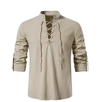 2023 Новая мужская рубашка с V-образным вырезом, модный винтажный тонкий топ с длинным рукавом, мужские повседневные дышащие мужские рубашки на шнуровке спереди