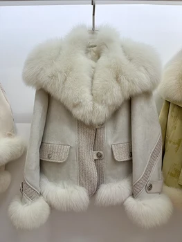 2023 Осенне-зимняя женская куртка на гусином пуху с воротником из натурального лисьего меха, роскошные женские пальто в милом стиле