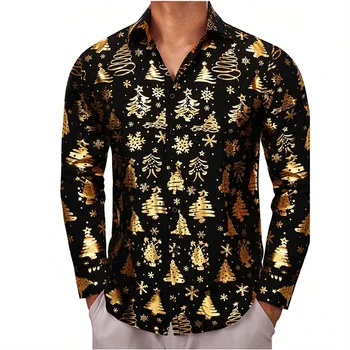 2024 Высококачественная модная мужская рубашка с золотой пуговицей Повседневная дизайнерская рождественская рубашка с длинным рукавом Мужские топы с лацканами