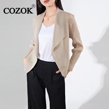 COZOK 2024 Повседневное Плиссированное Пальто Женская Мода Осень Поло С Длинным Рукавом Темперамент Универсальный Кардиган Верхняя Одежда Модный WT331