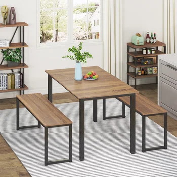 Homury Обеденный стол из 3 предметов, уголок для завтрака с двумя скамейками для столовой, кухни, промышленный Коричневый обеденный стол, набор