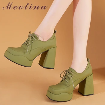 Meotina/ Женские туфли-лодочки на шнуровке из натуральной кожи с круглым носком на платформе и высоком толстом каблуке, женская модная обувь для вечеринок, весна-осень, зеленый цвет