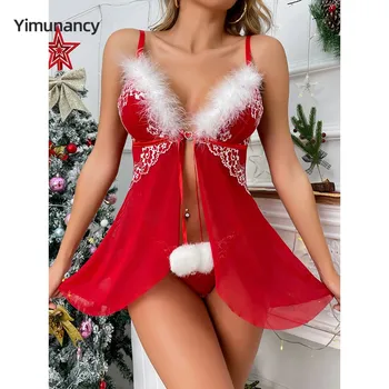 Yimunancy Рождественские ночные рубашки Женские шарики Сетка в стиле пэчворк без рукавов с V-образным вырезом, сексуальные пижамы с разрезом, ночное белье