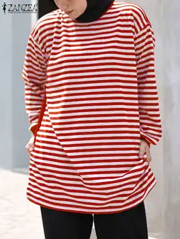 ZANZEA, повседневный мусульманский пуловер в полоску с принтом, женские толстовки с длинным рукавом и круглым вырезом, осенняя праздничная свободная сорочка, винтажная рубашка