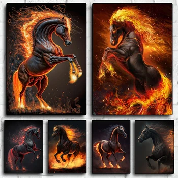 Абстрактная бегущая лошадь с огнем, холст, современные картины с животными, плакаты и принты, настенное искусство для домашней гостиной Без рамок