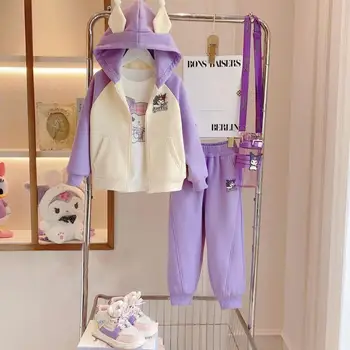 Аниме Sanrioed Kuromi/ модный повседневный костюм для детей, куртка с капюшоном для девочек, брюки, осенне-зимняя утепленная верхняя одежда, теплая детская одежда