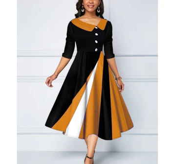 Большое элегантное женское платье до середины икры с коротким рукавом и пуговицами в стиле пэчворк, платья 2023, весеннее винтажное платье трапециевидной формы, большие размеры, Vestidos
