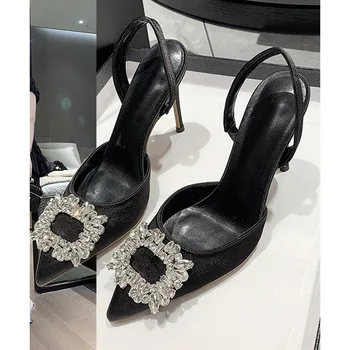 Брендовые дизайнерские черные женские босоножки на высоком каблуке 2023 Летние хрустальные босоножки с квадратной пряжкой, женские босоножки с острым носком, обувь для вечеринок