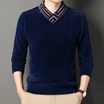 Брендовый мужской зимний мягкий вязаный пуловер из норки плюс модный свитер с роскошной дизайнерской вышивкой Новая утепленная мужская одежда