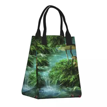 Бумажная сумка-ланч-бокс, фантастическая река С прудом, красными рыбками и грибами, сохраняющая свежесть, термоизоляционная сумка для ланча на крючке