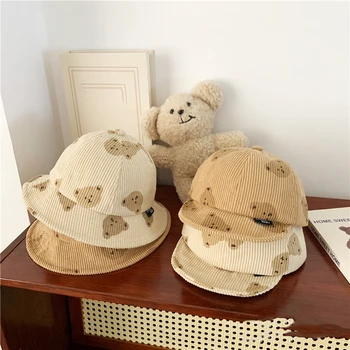 Вельветовая кепка-панама с милым Медведем для малышей, бейсболка с мультяшным принтом, осенне-зимние Теплые кепки Рыбака для малышей 아기모자
