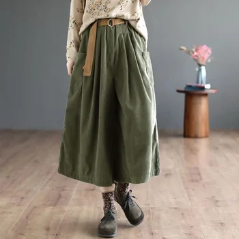 Вельветовые винтажные брюки из телячьей кожи, осенние женские брюки с высокой талией, свободными карманами, широкие брюки с поясом, повседневные брюки в корейском стиле