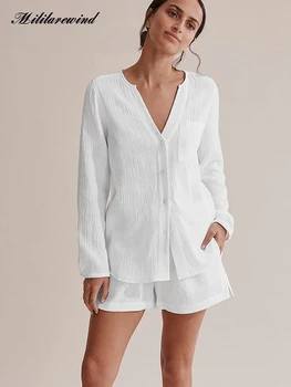 Весенне-летние пижамные комплекты Для женщин из 100% хлопка, дышащего двухслойного марлевого топа с длинным рукавом и коротких брюк, домашняя одежда, верхняя одежда