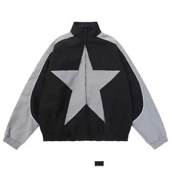 Весенняя куртка-бомбер Мужская Женская Винтажная ветровка Harajuku Y2k с рисунком Звезды, Уличная верхняя одежда в стиле пэчворк на молнии, Унисекс