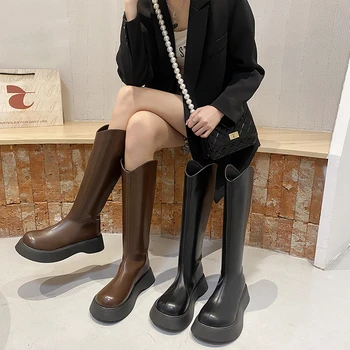 Высокие женские ботинки с V-образным вырезом на толстой подошве, новинка зимы 2022 года, высокие каблуки, молния сзади, замша, женские ботинки в британском стиле