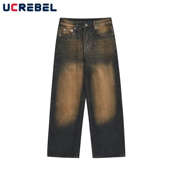 Выстиранные джинсовые брюки в стиле ретро, мужская осенне-зимняя уличная одежда с широкими штанинами, свободные джинсы с прямыми штанинами