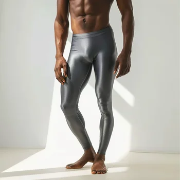 Глянцевые тонкие мужские сексуальные обтягивающие леггинсы для йоги, атласные спортивные штаны, нижнее белье, бесшовные брюки