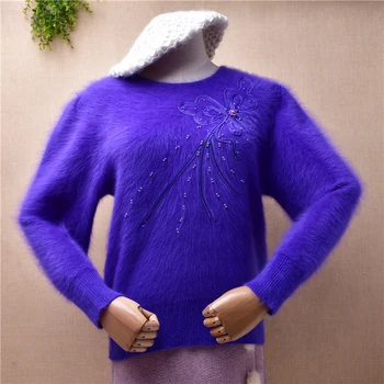 дамы для женщин синий винтаж вышивка бисером осень-зима ангора мех кролика вязаный с круглым вырезом свободный пуловер джемпер свитер тянуть