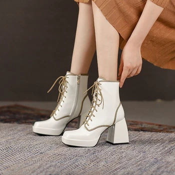 Женская обувь 2023, женские ботильоны, Элегантные современные ботинки, женские туфли на высоком каблуке с квадратным носком и шнуровкой сбоку, женские туфли на толстом каблуке