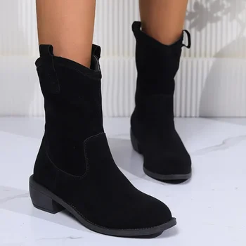 Женская обувь 2023, женские ботинки без застежки до середины икры, Лаконичные современные сапоги, женские швейные туфли с острым носком на низком каблуке, Обувь больших размеров, женская