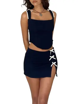 Женские летние наряды Y2K из 2 предметов, темно-синие топы с квадратным ремешком на шее, облегающая мини-юбка с разрезом в виде милого банта, комплект одежды для вечеринок