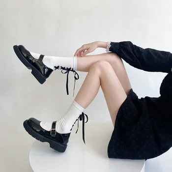 Женские носки в японском стиле Lolita Sweet Girls, повязка с бантом, кавайные милые носки, женские однотонные Черные Белые хлопковые длинные носки