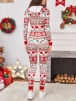 Женские рождественские пижамы ZIYIXIN, комбинезон с принтом с длинным рукавом и V-образным вырезом, свободные эластичные рождественские комбинезоны со съемной промежностью