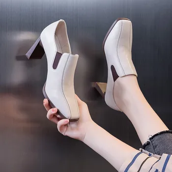 Женские туфли-лодочки с квадратным носком, без шнуровки, на высоком каблуке, Однотонная Женская обувь, Весенне-осенние Лоферы, 2023, Дышащие Tacones Para Mujer