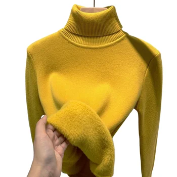 Женский теплый плюшевый пуловер с резьбовыми манжетами и подолом, приталенный свитер для повседневных поездок домой