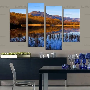 Картина на холсте с природным пейзажем Горного озера, 4 предмета модульной художественной настенной живописи, украшение для дома без рамки