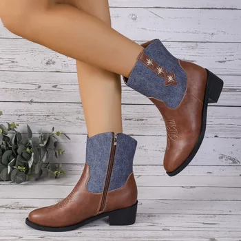 Ковбойские короткие сапоги для женщин, модные ковбойские ботинки в западном стиле, женские повседневные туфли с квадратным носком с вышивкой