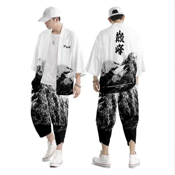 Косплей Одежда Юката Harajuku Samurai Set XXS-6XL Свободный Японский Кардиган Женское и Мужское Кимоно + Брюки Комплект Из двух частей