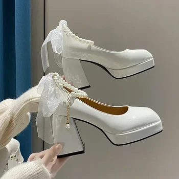 Модные женские туфли на высоком каблуке с элегантными бантами, женские туфли для вечеринок, сандалии с квадратным носком и жемчугом, женские туфли на толстом каблуке в стиле ретро Zapatos