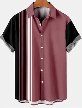 Мужские рубашки, однотонный дизайн, 3D принт, полосатый рисунок, простые футболки с коротким рукавом, уличная одежда, свободные повседневные гавайские рубашки