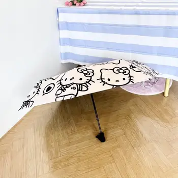 Мультяшный Sanrio Hello Kitty Полностью автоматический складной зонт Защита студентов от Солнца Черный клей Зонт от дождя