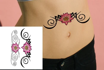 Наклейка с поддельной татуировкой для женщины, девушки, Розовые цветы, Тотем Лотоса, временные татуировки, Живот, Талия, Водонепроницаемая татуировка, Татуировка для переноса тела