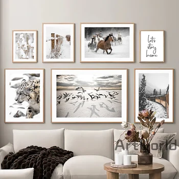 Настенное искусство, холст, Снежный поезд, Лесная хижина, Лошадь, Лиса, Птица, плакаты на скандинавскую тему И принты, настенные картины для декора гостиной