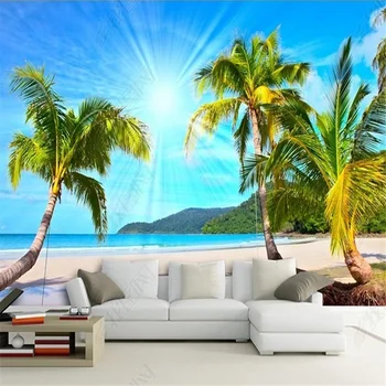 Настенные обои 3D для гостиной, Кокосовая пальма, пляж, Морской пейзаж, Фон для телевизора, обои для домашнего декора, Декоративная роспись