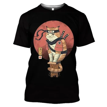 Новая мужская футболка, японская футболка Samurai Cat, Летняя повседневная быстросохнущая спортивная футболка для фитнеса с коротким рукавом, ретро-футболка для мужчин