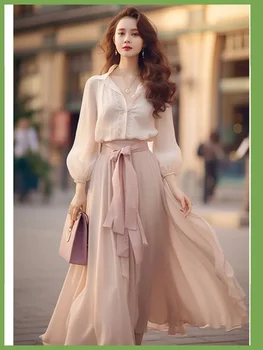 Новые Платья, Комплект Рубашек, Платья, Уменьшающие Возраст, Вестернизированные Модные Розовые Шифоновые Длинные Платья для Женщин, Элегантные Модные Платья