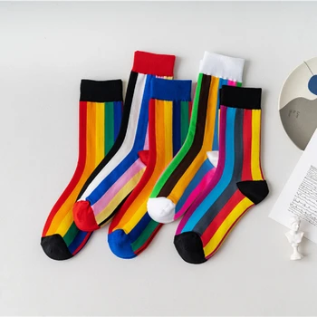 Новые разноцветные носки из мягкого хлопка в радужную полоску, женская уличная одежда, Спортивная одежда для скейтбординга Контрастного цвета, Повседневная одежда Sokken