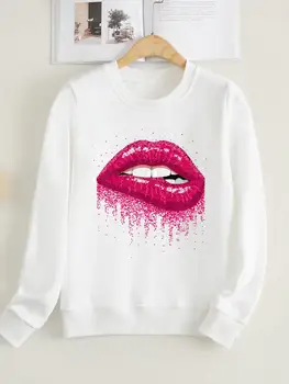 Одежда С принтом Женская Флисовая Одежда с длинным рукавом Женская мода Lip Sweet Lovely Тренд Пуловеры в стиле 90-х Графические Толстовки