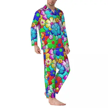 Пижама Мира в стиле хиппи в стиле ретро Для мужчин с цветочным принтом, удобная ночная пижама, Весна, 2 предмета, повседневный пижамный комплект Оверсайз