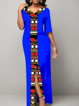 Платье с графическим принтом, летнее платье в стиле пэчворк в стиле бохо с разрезным подолом, V-образный вырез, контрастный цвет с коротким рукавом, женская одежда
