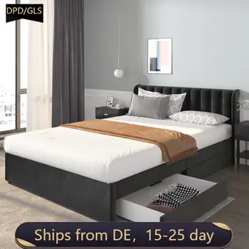 [Поставляется из ЕС] Кровать с бархатной обивкой 180 x 200 см, с решетчатой спинкой, 2 выдвижных ящика, черная, 140 x 200 см, серая