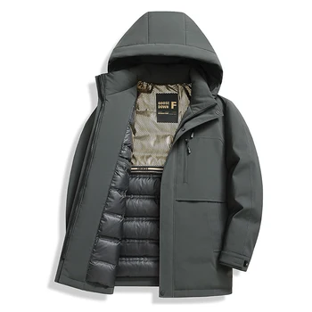Пуховик средней длины, мужская Зимняя новинка 2023, Минималистичная Теплая Универсальная модная куртка с капюшоном