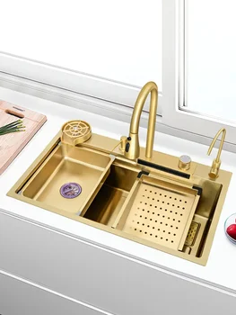 Раковина с золотым водопадом, Большая раковина из нержавеющей стали Nano 304, Кухонная раковина для мытья овощей, раковина ручной работы